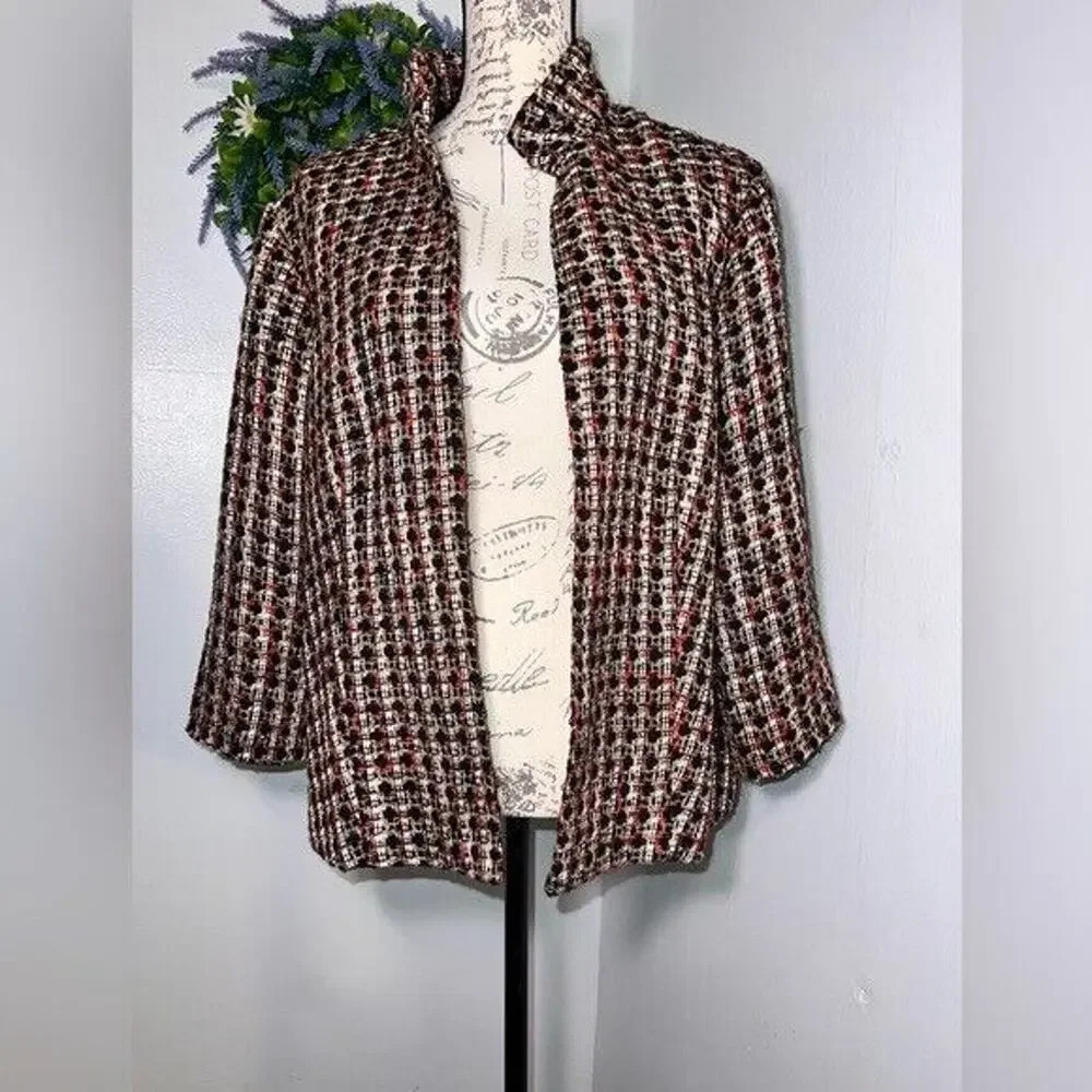 Chico’s 3, metallic tweed 3/4 sleeve puffed collar hook eye front closure jacket